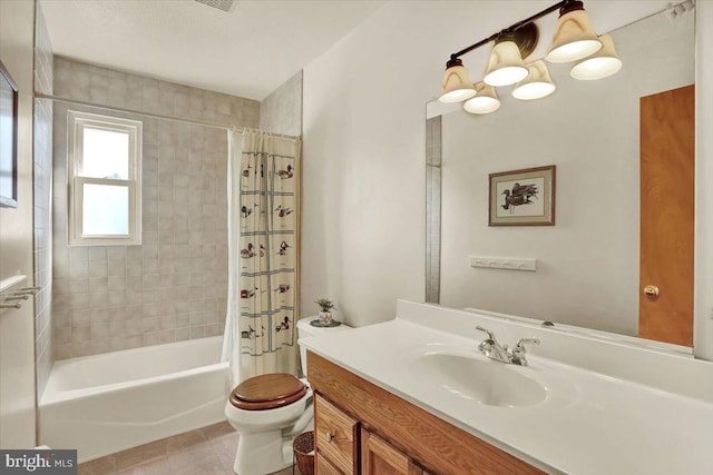 bathroom with shower / bathtub combination with curtain, toilet, vanity, and tile patterned flooring