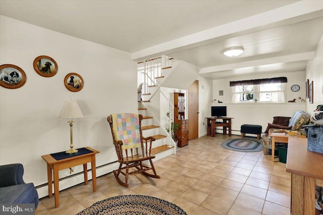 sitting room featuring light tile patterned floors, stairway, a baseboard heating unit, and a baseboard radiator