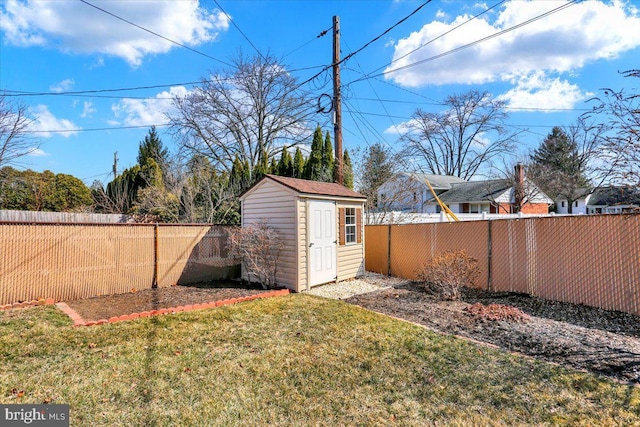 view of yard with a storage unit, an outbuilding, and a fenced backyard