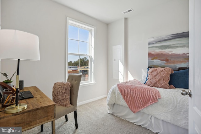 bedroom with carpet flooring, baseboards, and visible vents