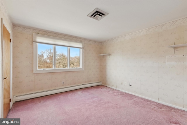 carpeted empty room featuring a baseboard radiator, baseboards, visible vents, and wallpapered walls