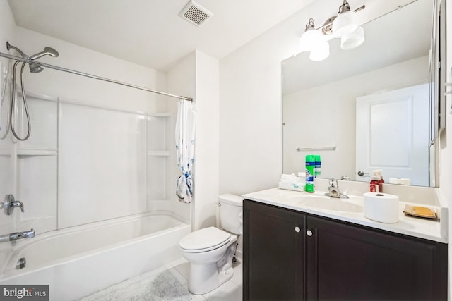 bathroom featuring visible vents, toilet, shower / tub combo, tile patterned flooring, and vanity