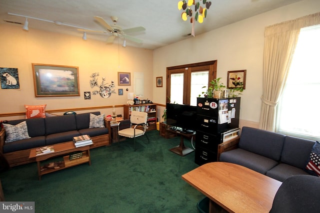 living area featuring a wealth of natural light, carpet, rail lighting, and a ceiling fan