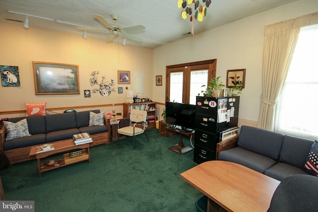 carpeted living room with a wealth of natural light, ceiling fan, and rail lighting