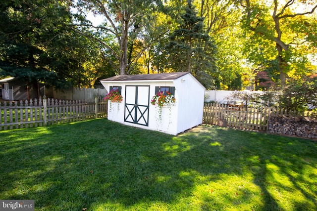 view of shed with a fenced backyard