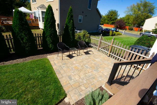 view of patio / terrace featuring a wooden deck and fence private yard