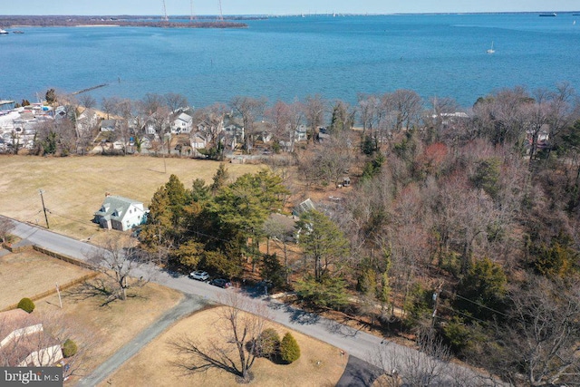 drone / aerial view featuring a water view