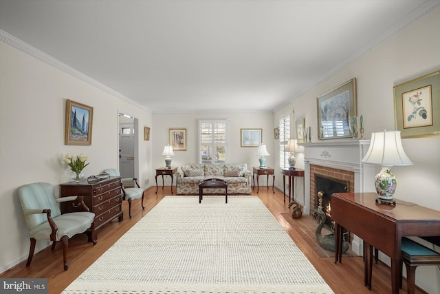 living room with baseboards, wood finished floors, a fireplace, and crown molding