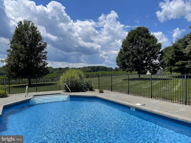 view of pool featuring a fenced in pool, a lawn, and fence