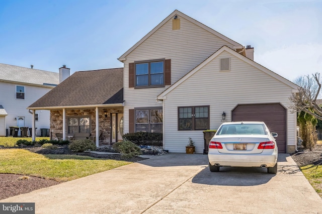 view of front of house featuring driveway, covered porch, an attached garage, a shingled roof, and a chimney