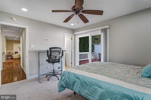 bedroom with recessed lighting, baseboards, carpet, and access to exterior