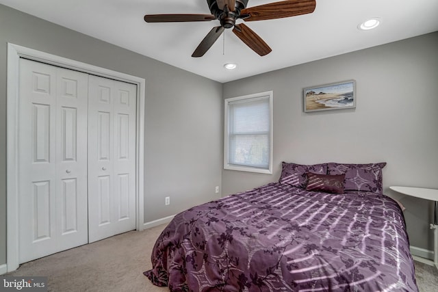 bedroom with recessed lighting, a closet, carpet flooring, baseboards, and ceiling fan