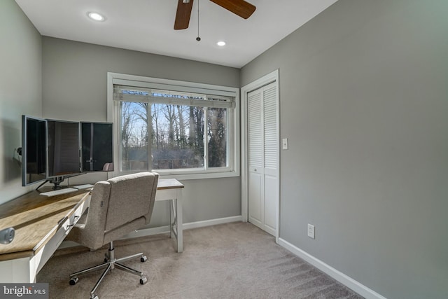 carpeted home office featuring recessed lighting, a ceiling fan, and baseboards