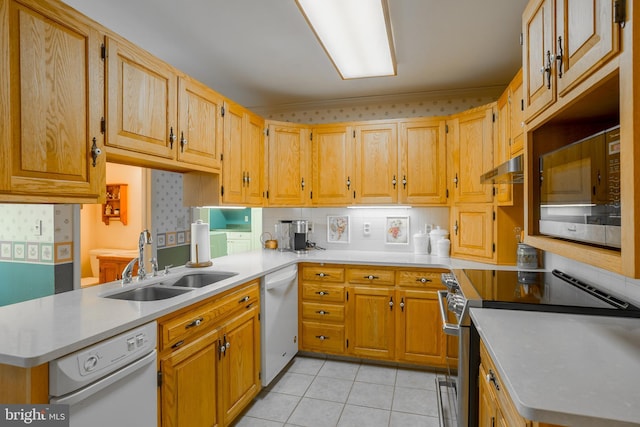 kitchen with a sink, under cabinet range hood, white dishwasher, light countertops, and stainless steel electric range oven