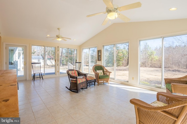 sunroom / solarium with vaulted ceiling and ceiling fan