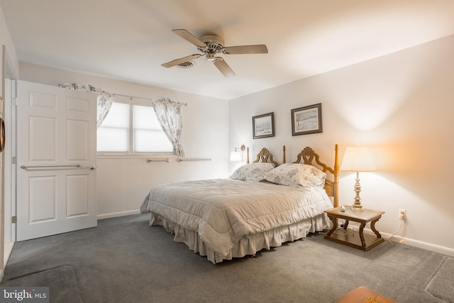 bedroom with visible vents, ceiling fan, baseboards, and carpet