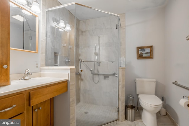 bathroom with vanity, toilet, and a shower stall