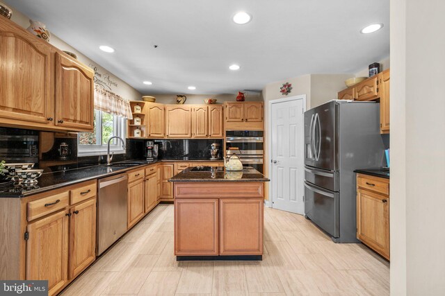 kitchen with a sink, a kitchen island, decorative backsplash, appliances with stainless steel finishes, and open shelves