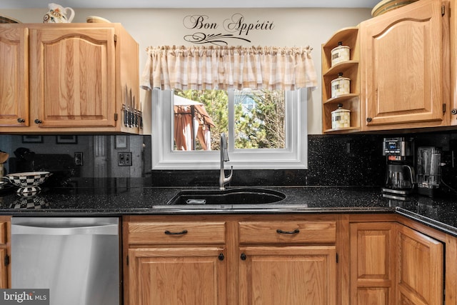 kitchen featuring dark stone countertops, open shelves, a sink, decorative backsplash, and stainless steel dishwasher