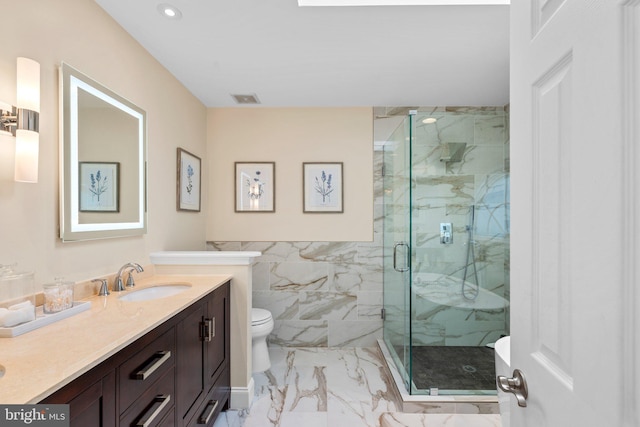 full bath with vanity, visible vents, a marble finish shower, toilet, and marble finish floor