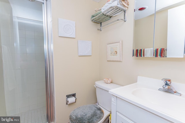 full bathroom featuring vanity, toilet, and a stall shower