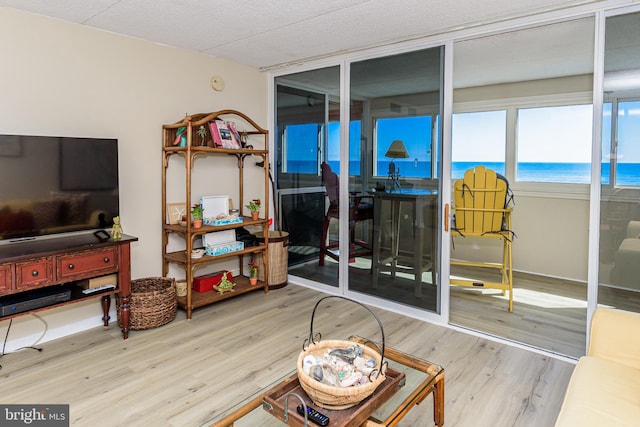 living room with a water view and wood finished floors