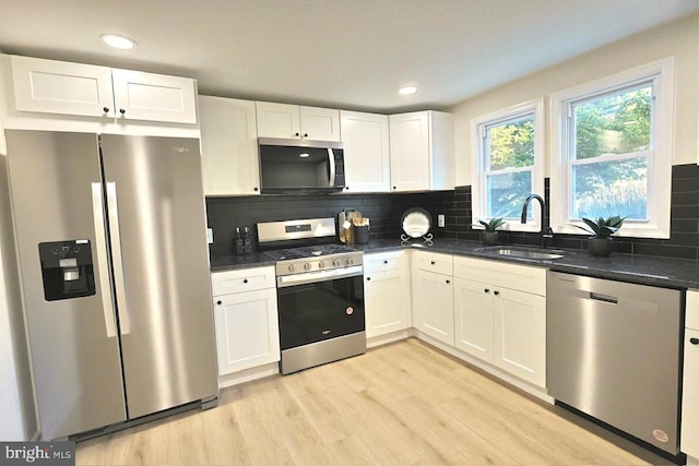 kitchen featuring a sink, decorative backsplash, stainless steel appliances, white cabinetry, and light wood-type flooring