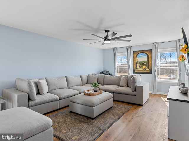 living room featuring baseboards, a healthy amount of sunlight, a ceiling fan, and light wood-style floors