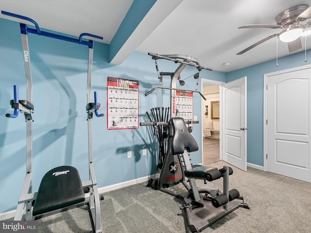 workout area with carpet, baseboards, and ceiling fan