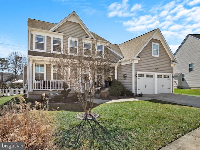 view of front of home featuring a front lawn, covered porch, concrete driveway, an attached garage, and a shingled roof