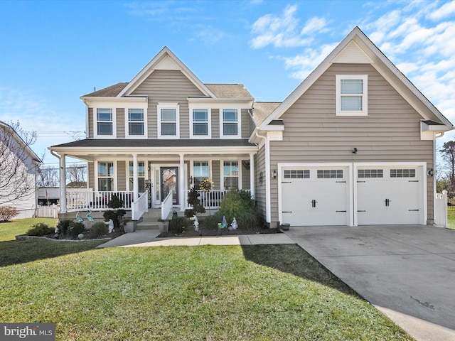 view of front of property with a porch, a garage, a front lawn, and driveway