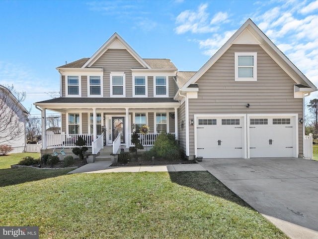 view of front of property featuring a garage, covered porch, driveway, and a front yard