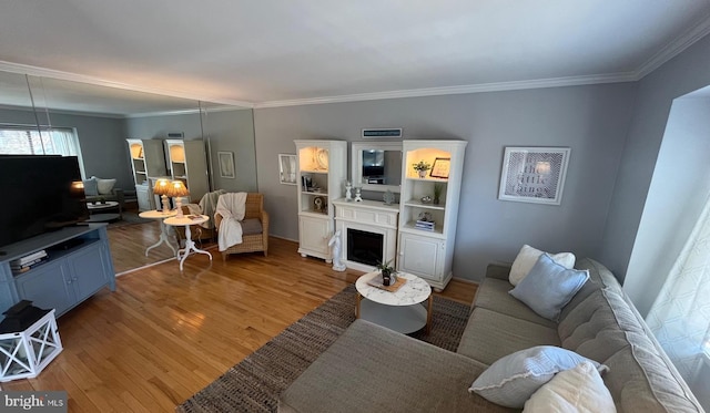 living room featuring light wood-type flooring, a fireplace, and crown molding