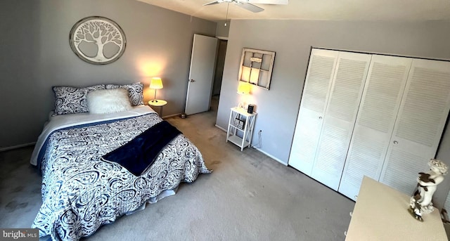 bedroom featuring a closet, ceiling fan, baseboards, and carpet floors