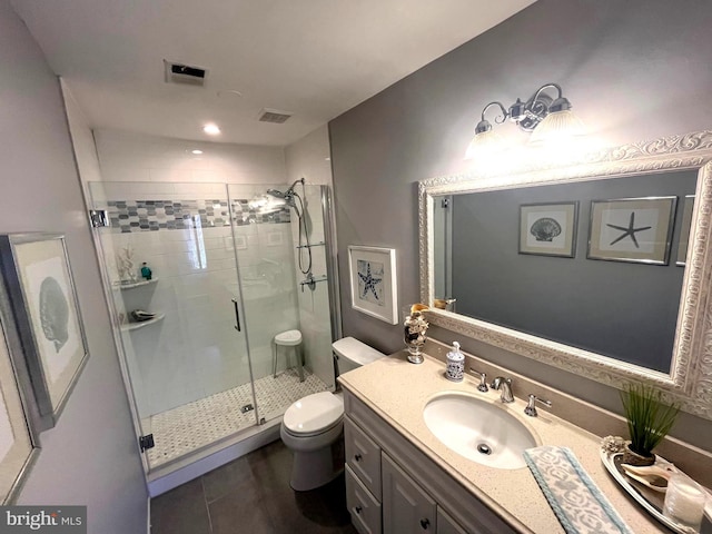 bathroom with visible vents, toilet, a stall shower, and vanity