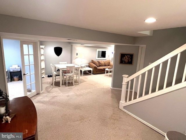 interior space featuring recessed lighting, stairway, and baseboards