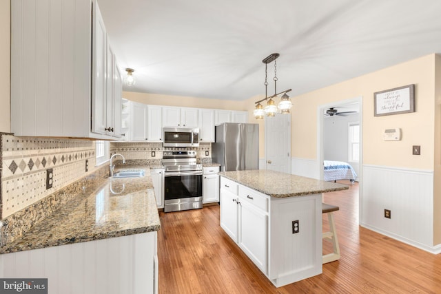 kitchen featuring a wainscoted wall, a sink, light wood-style floors, appliances with stainless steel finishes, and white cabinets