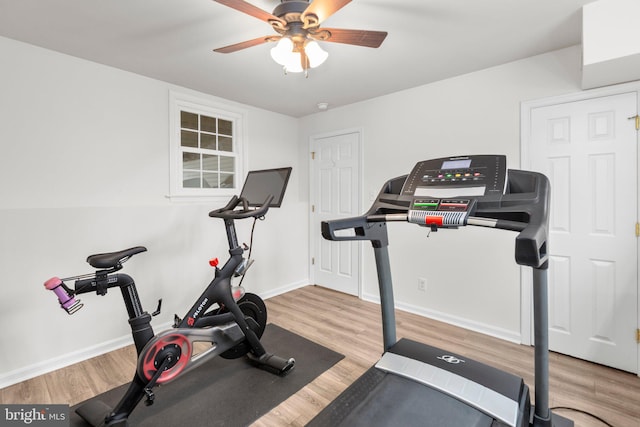 exercise room featuring wood finished floors, a ceiling fan, and baseboards