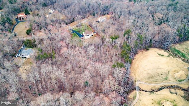 bird's eye view with a wooded view