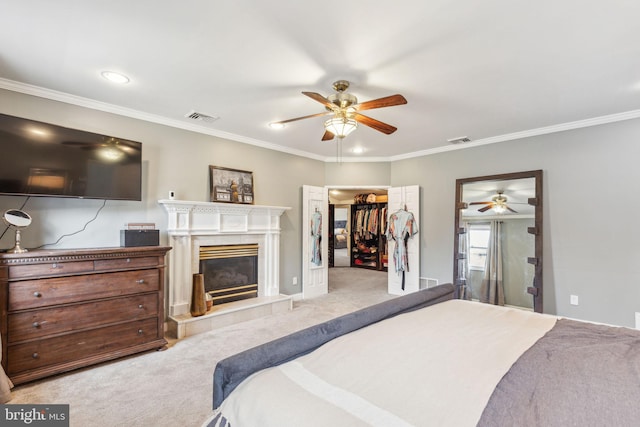 bedroom featuring visible vents, crown molding, a walk in closet, carpet, and a premium fireplace