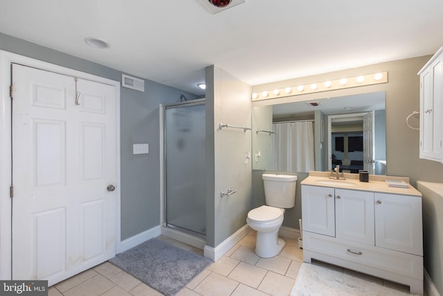 bathroom featuring tile patterned floors, visible vents, vanity, and a shower stall