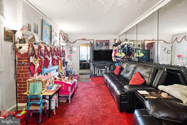 carpeted living room featuring crown molding and a textured ceiling