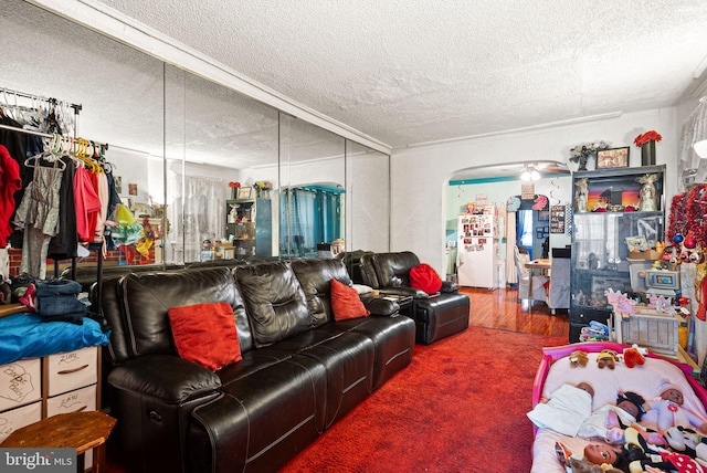 living room featuring a textured ceiling