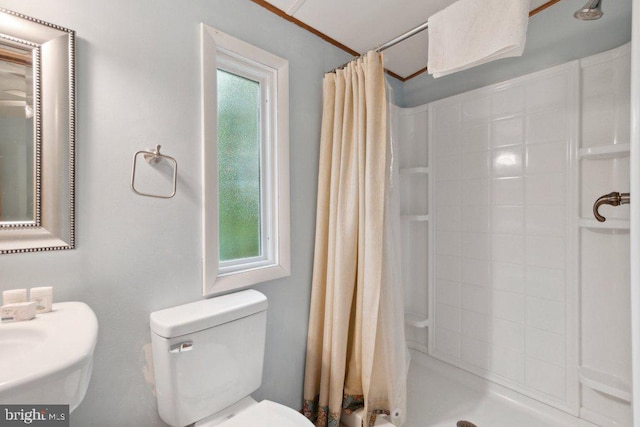 full bathroom featuring toilet and a stall shower