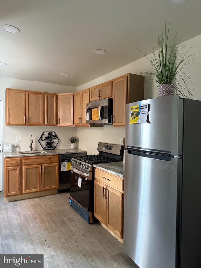 kitchen featuring light wood finished floors, appliances with stainless steel finishes, and a sink