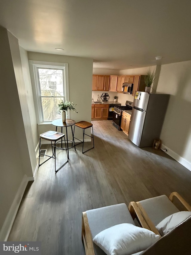 living room with baseboards and light wood-style floors