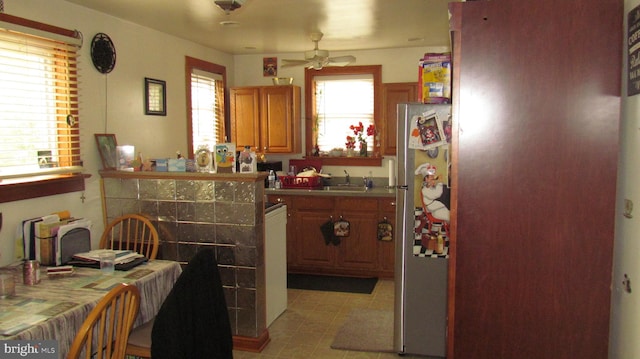 interior space with ceiling fan, freestanding refrigerator, and a sink