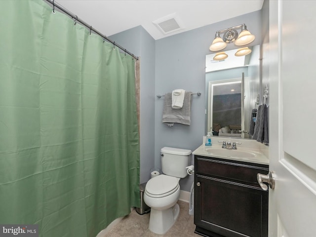 full bathroom with vanity, visible vents, tile patterned floors, toilet, and connected bathroom