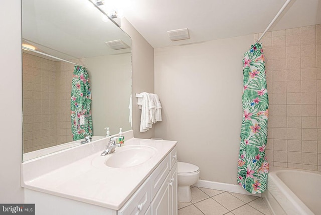 full bathroom with baseboards, toilet, shower / tub combo with curtain, tile patterned floors, and vanity