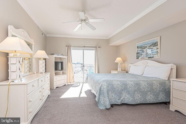 bedroom featuring ceiling fan, a textured ceiling, crown molding, access to outside, and carpet flooring